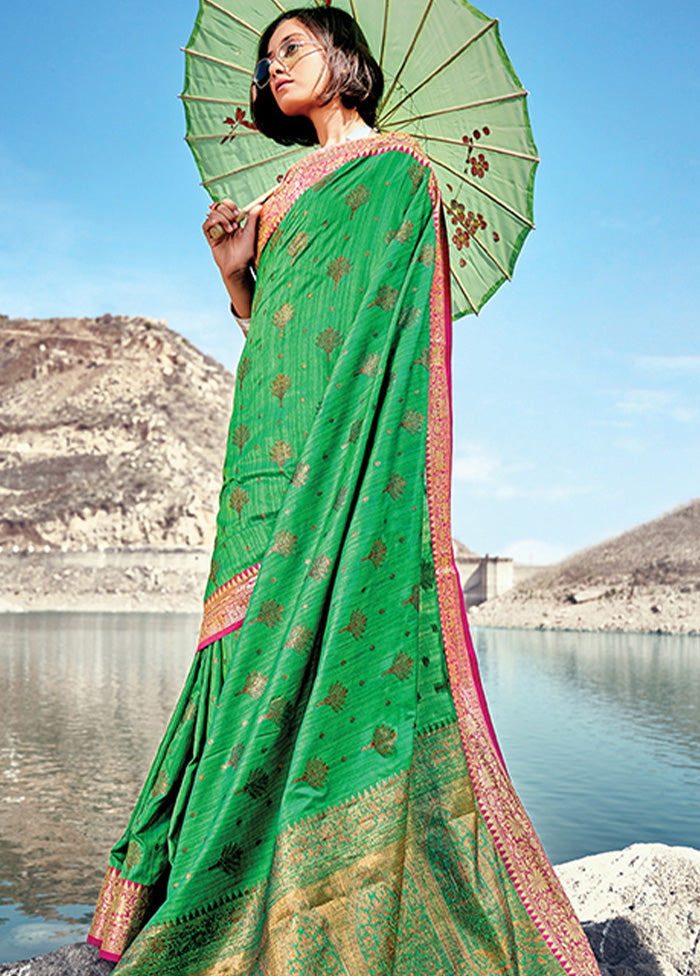 Green Spun Silk Saree With Blouse Piece - Indian Silk House Agencies