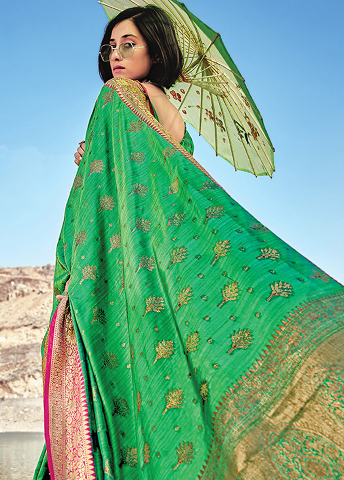 Green Spun Silk Saree With Blouse Piece - Indian Silk House Agencies