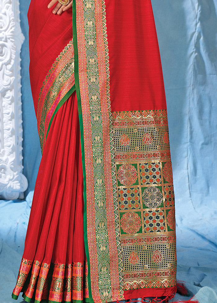 Red Spun Silk Saree With Blouse Piece - Indian Silk House Agencies