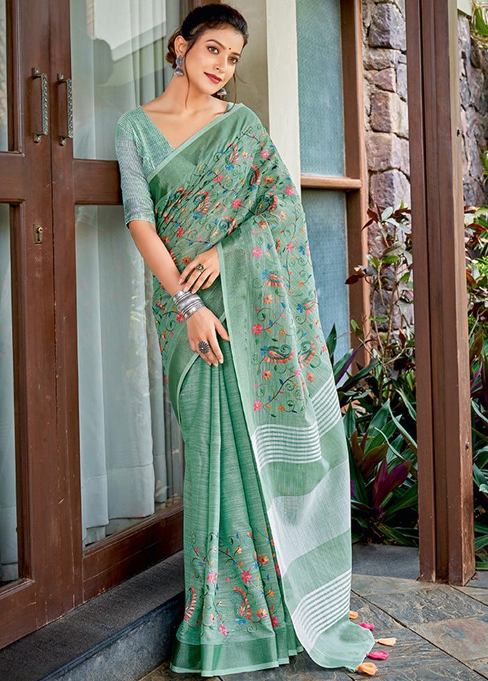 Sea Green Spun Silk Saree With Blouse Piece