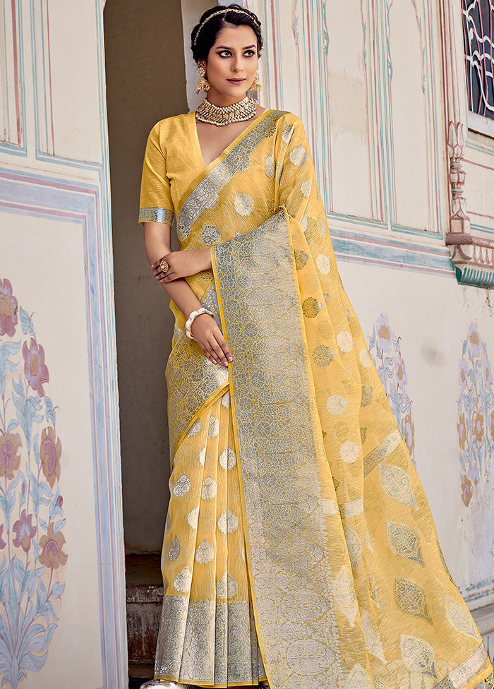 Yellow Spun Silk Saree With Blouse Piece - Indian Silk House Agencies