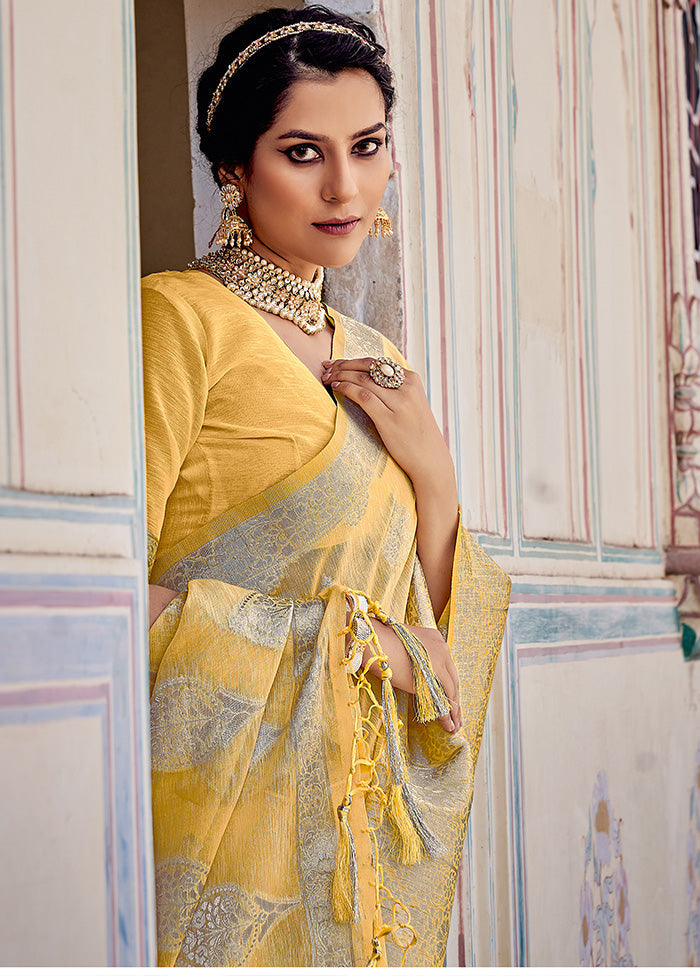 Yellow Spun Silk Saree With Blouse Piece - Indian Silk House Agencies