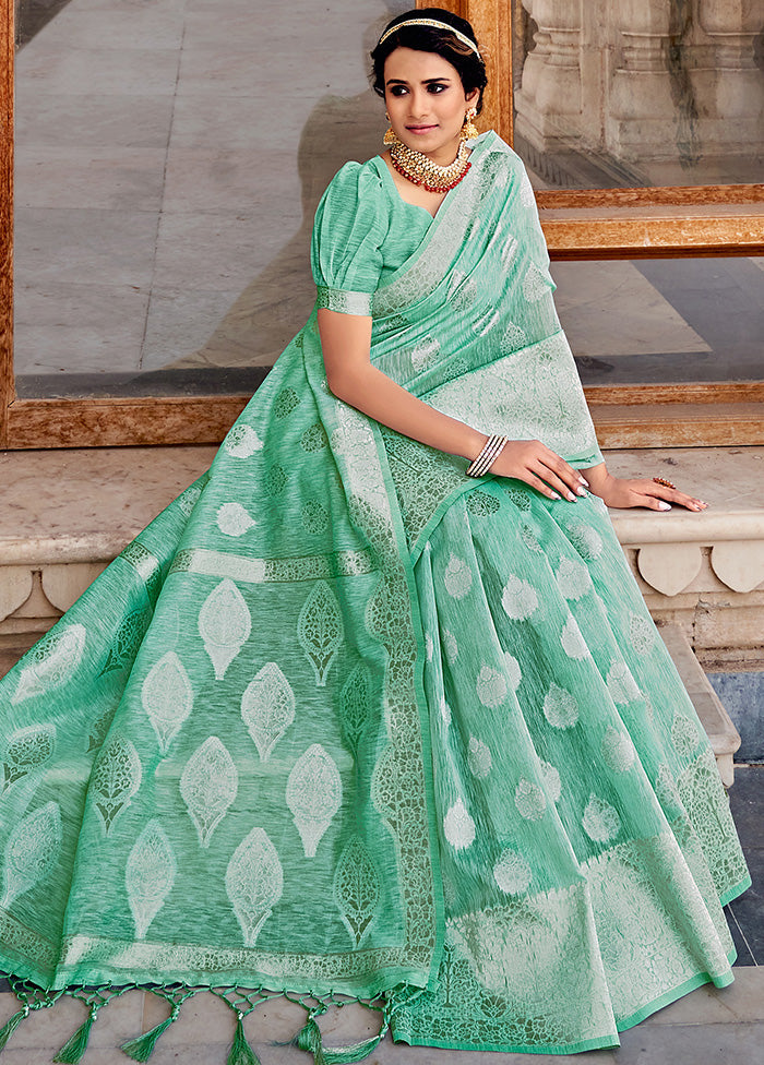 Sea Green Spun Silk Saree With Blouse Piece