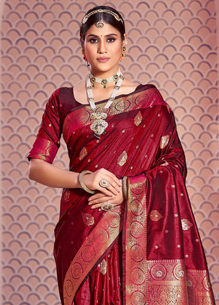 Red Spun Silk Saree With Blouse Piece - Indian Silk House Agencies