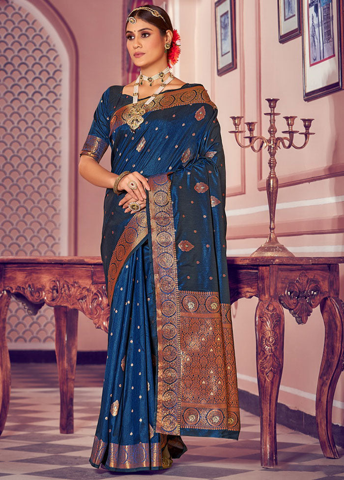 Navy Blue Spun Silk Saree With Blouse Piece - Indian Silk House Agencies