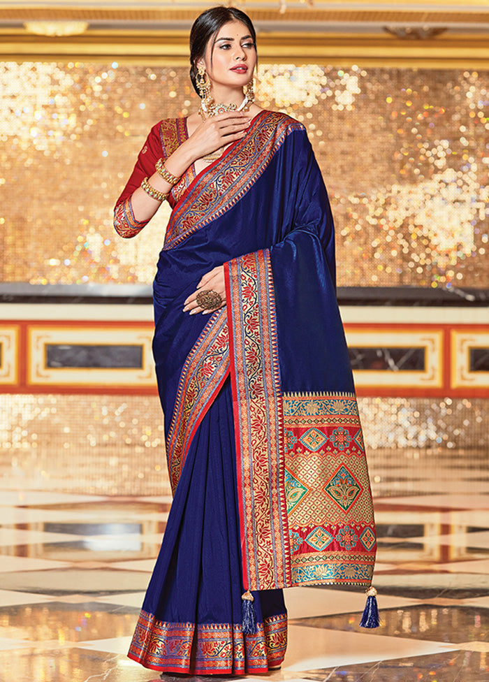 Navy Blue Spun Silk Saree With Blouse Piece - Indian Silk House Agencies