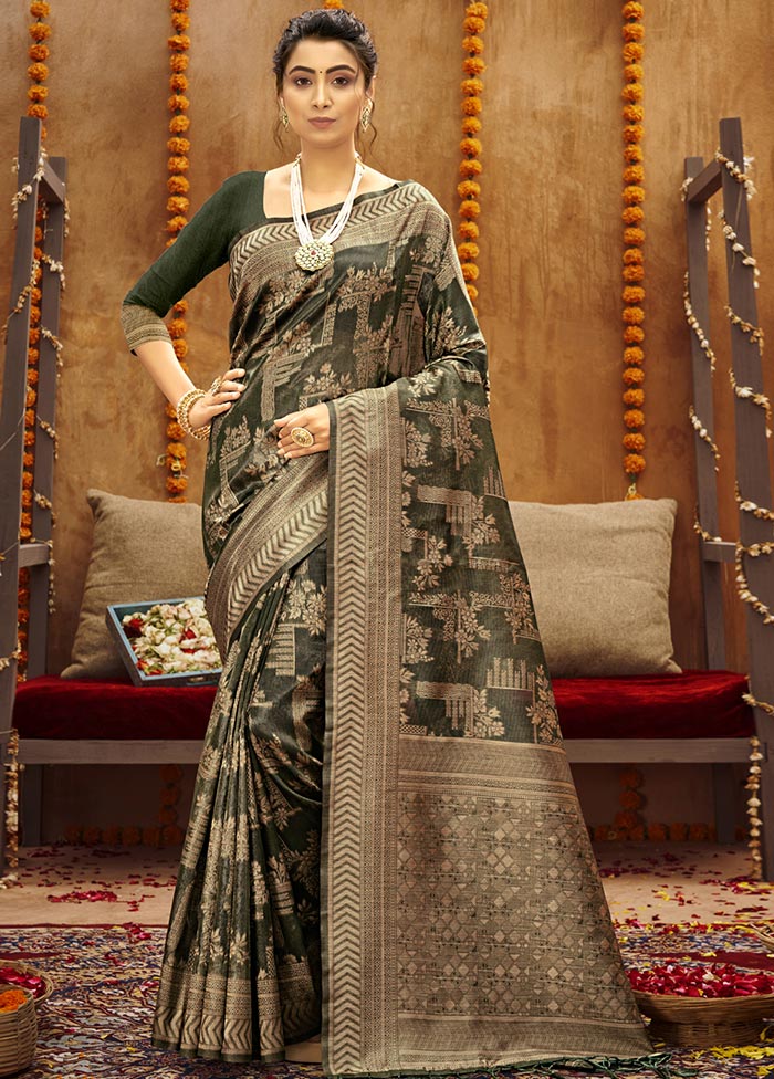 Green Spun Silk Saree With Blouse Piece - Indian Silk House Agencies