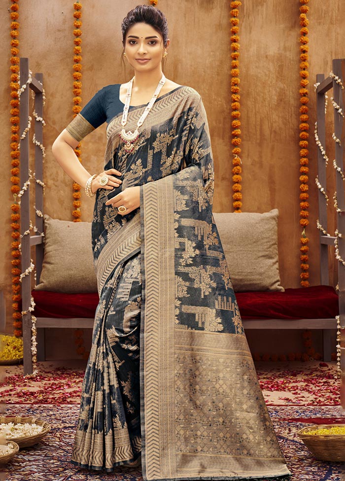 Navy Blue Spun Silk Saree With Blouse Piece - Indian Silk House Agencies