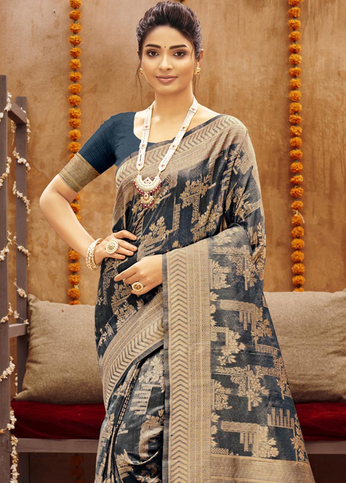 Navy Blue Spun Silk Saree With Blouse Piece - Indian Silk House Agencies