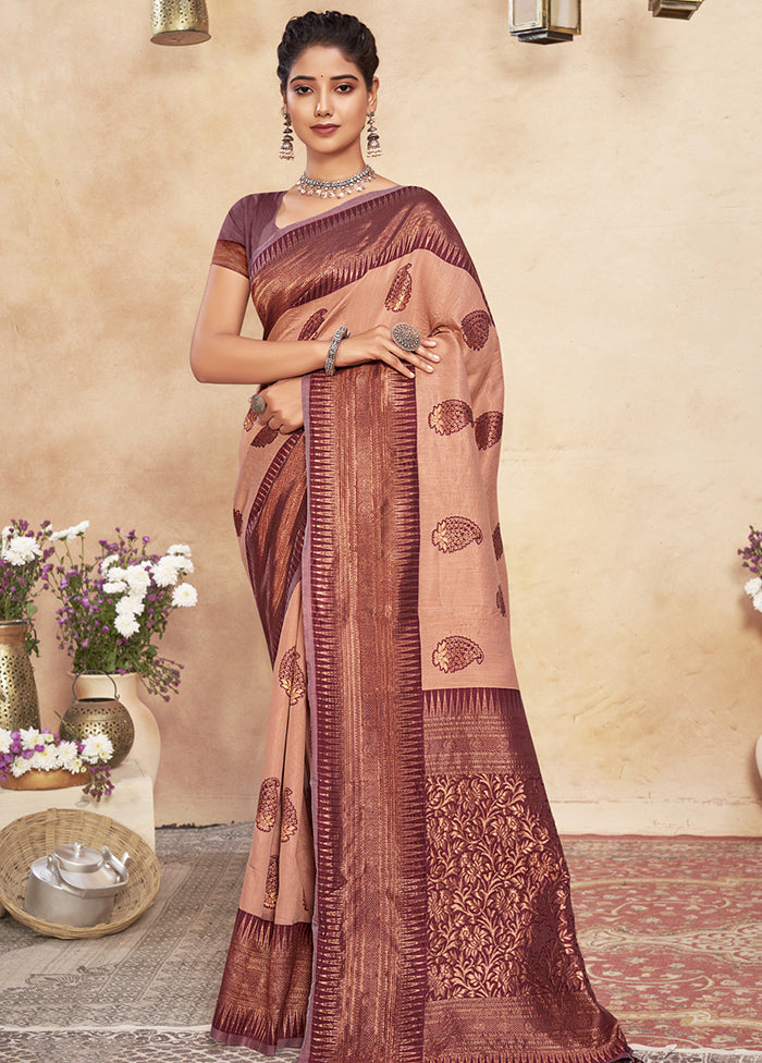 Peach Cotton Saree With Blouse Piece - Indian Silk House Agencies