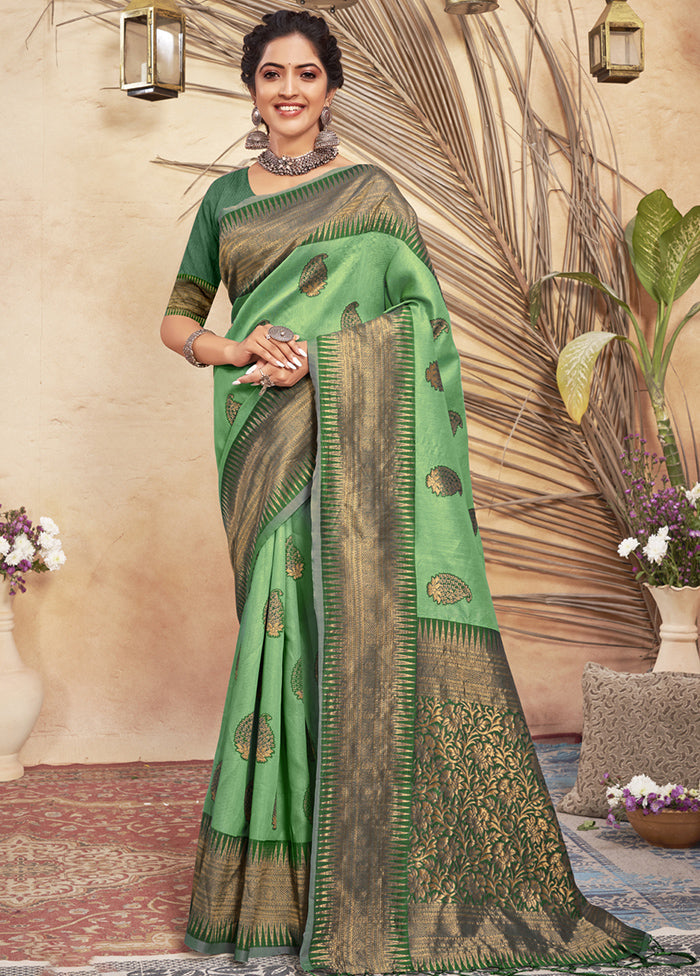 Light Green Cotton Saree With Blouse Piece - Indian Silk House Agencies