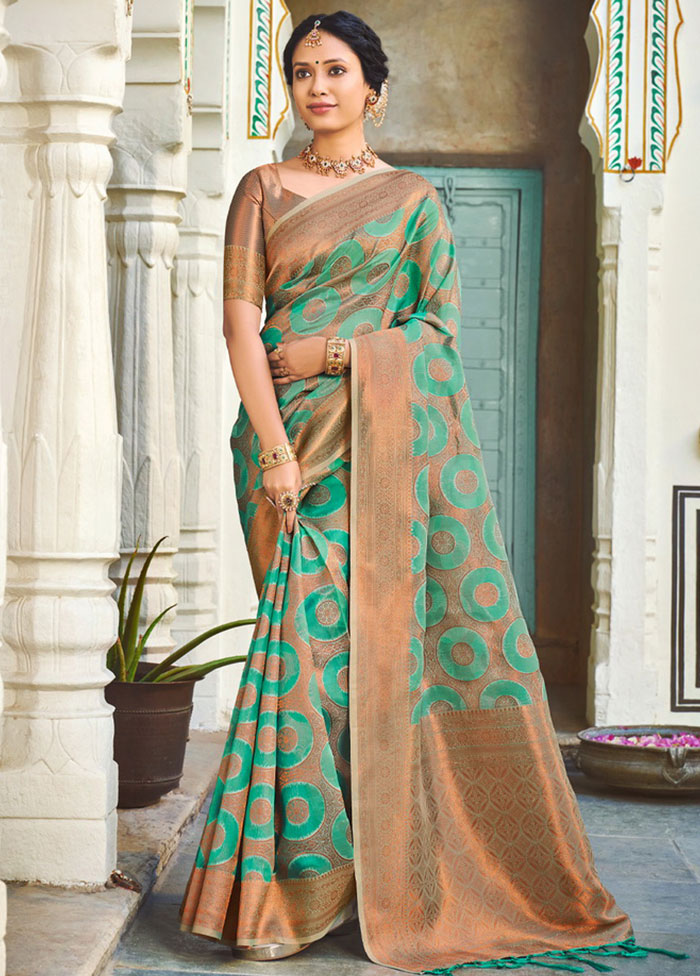 Turquoise Organza Saree With Blouse Piece - Indian Silk House Agencies