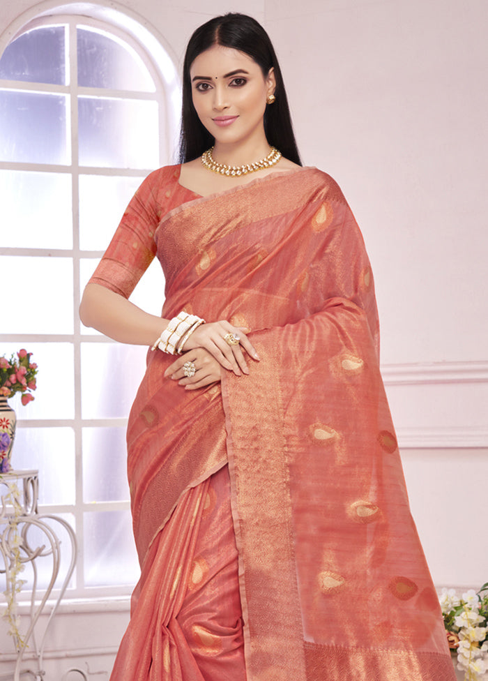 Peach Organza Saree With Blouse Piece - Indian Silk House Agencies