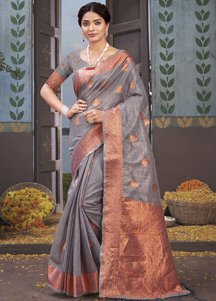 Grey Organza Saree With Blouse Piece - Indian Silk House Agencies