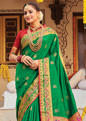 Green Spun Silk Saree With Blouse Piece - Indian Silk House Agencies