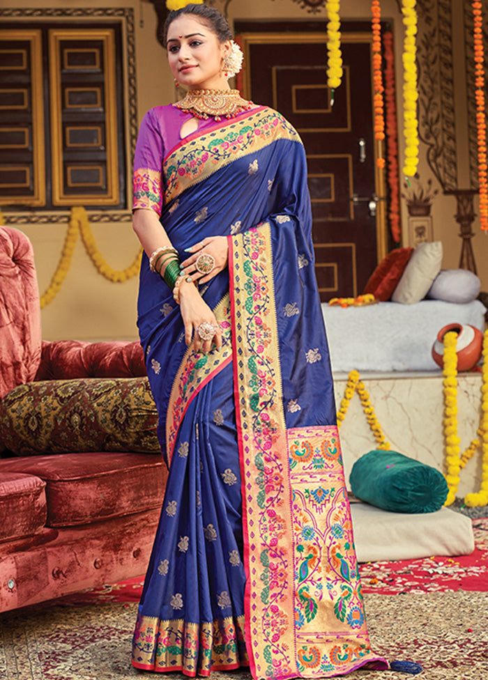 Navy Blue Spun Silk Saree With Blouse Piece - Indian Silk House Agencies