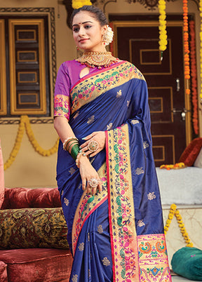 Navy Blue Spun Silk Saree With Blouse Piece - Indian Silk House Agencies