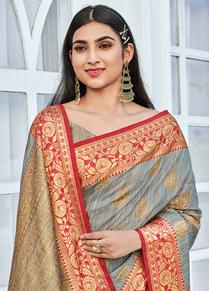 Grey Spun Silk Saree With Blouse Piece - Indian Silk House Agencies