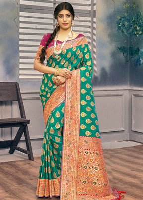 Green Spun Silk Saree With Blouse Piece - Indian Silk House Agencies