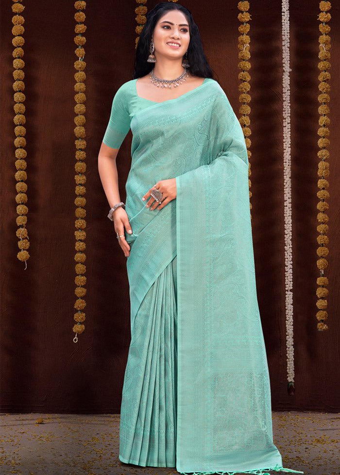 Sea Green Spun Silk Saree With Blouse Piece