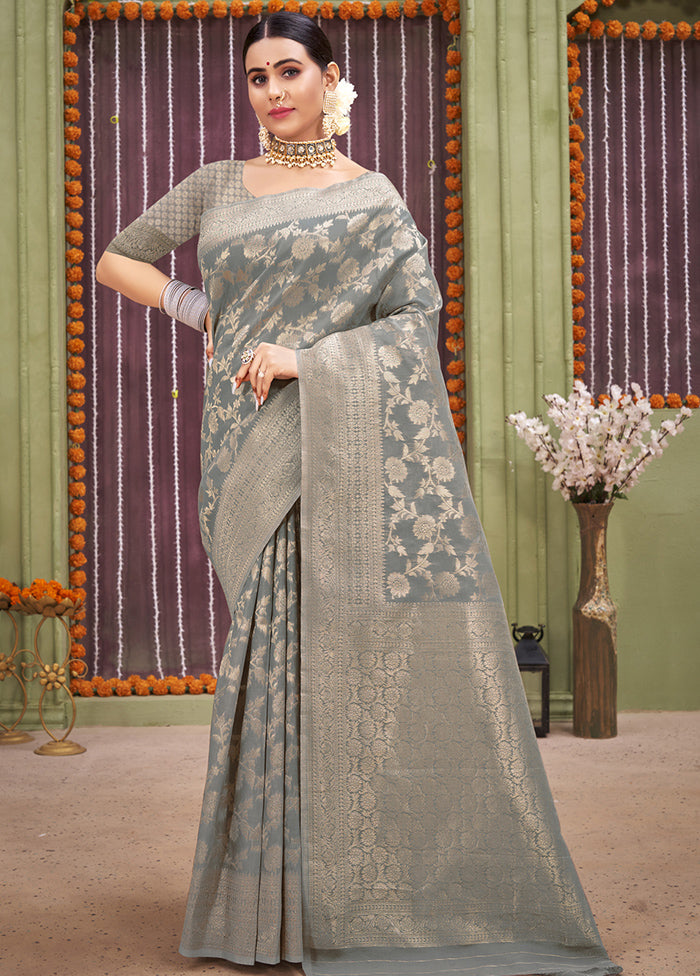 Grey Linen Silk Saree With Blouse Piece - Indian Silk House Agencies