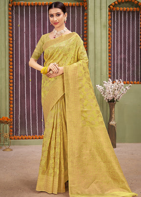 Yellow Linen Silk Saree With Blouse Piece - Indian Silk House Agencies