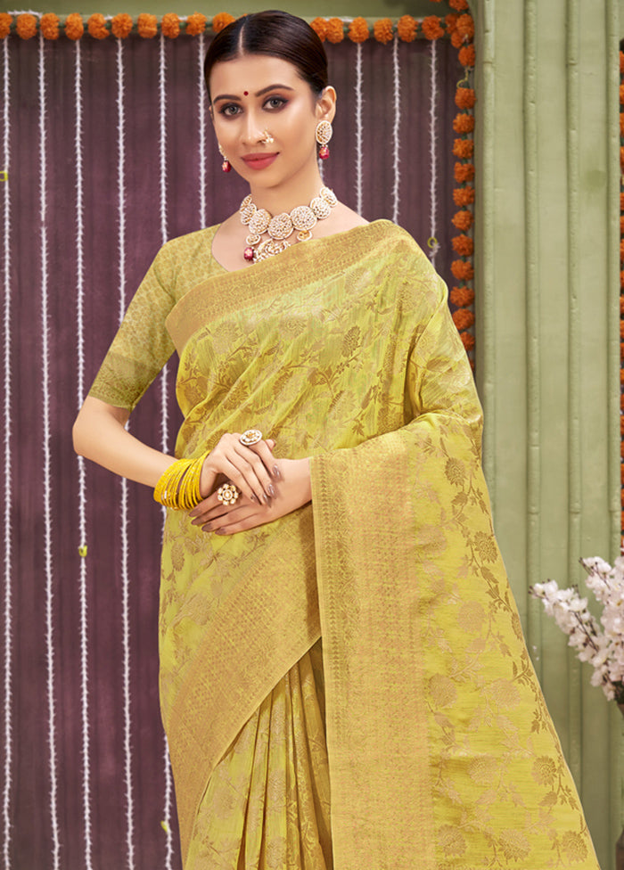 Yellow Linen Silk Saree With Blouse Piece - Indian Silk House Agencies