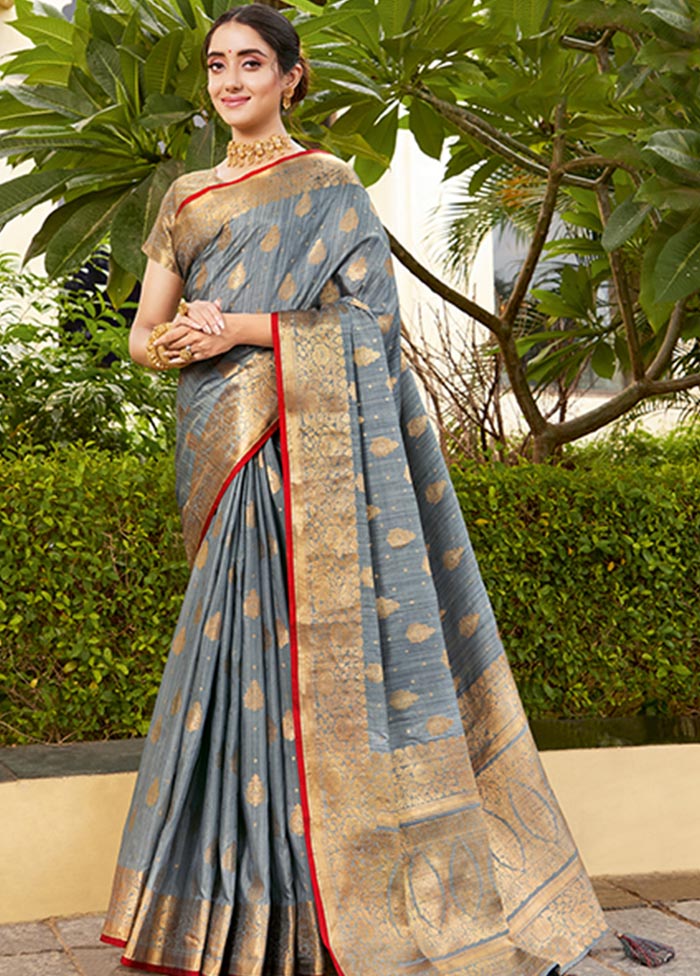 Grey Spun Silk Saree With Blouse Piece - Indian Silk House Agencies