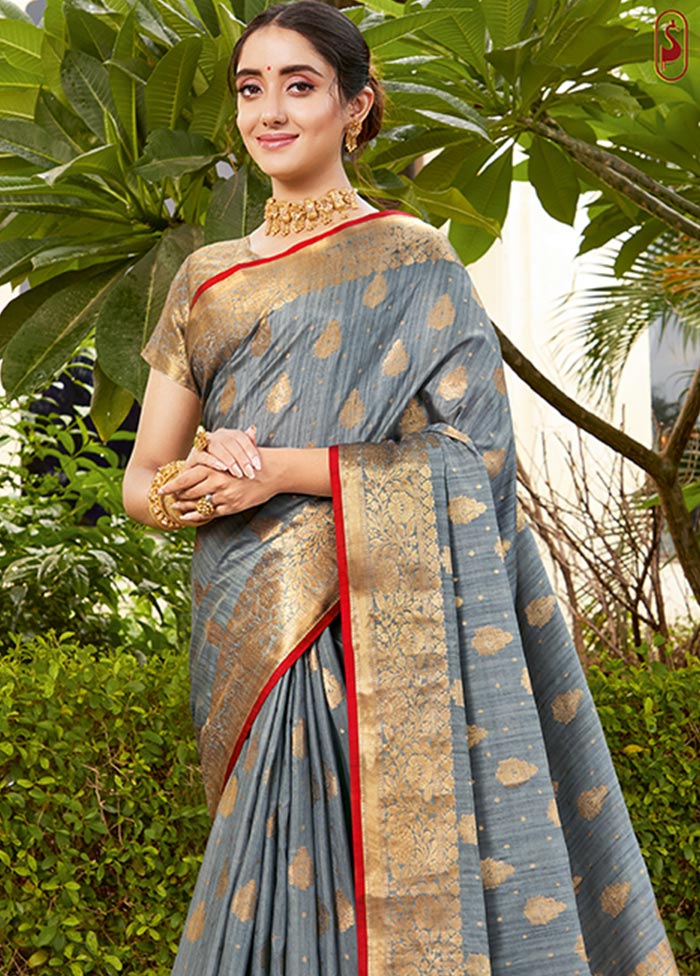 Grey Spun Silk Saree With Blouse Piece - Indian Silk House Agencies