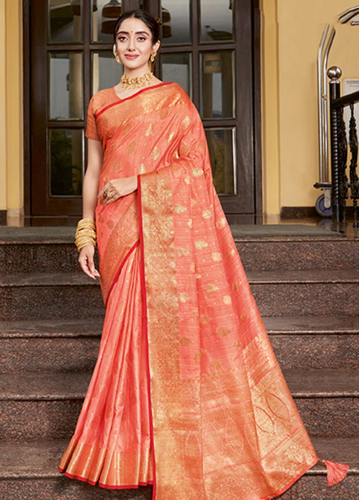 Peach Spun Silk Saree With Blouse Piece - Indian Silk House Agencies