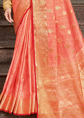 Peach Spun Silk Saree With Blouse Piece - Indian Silk House Agencies