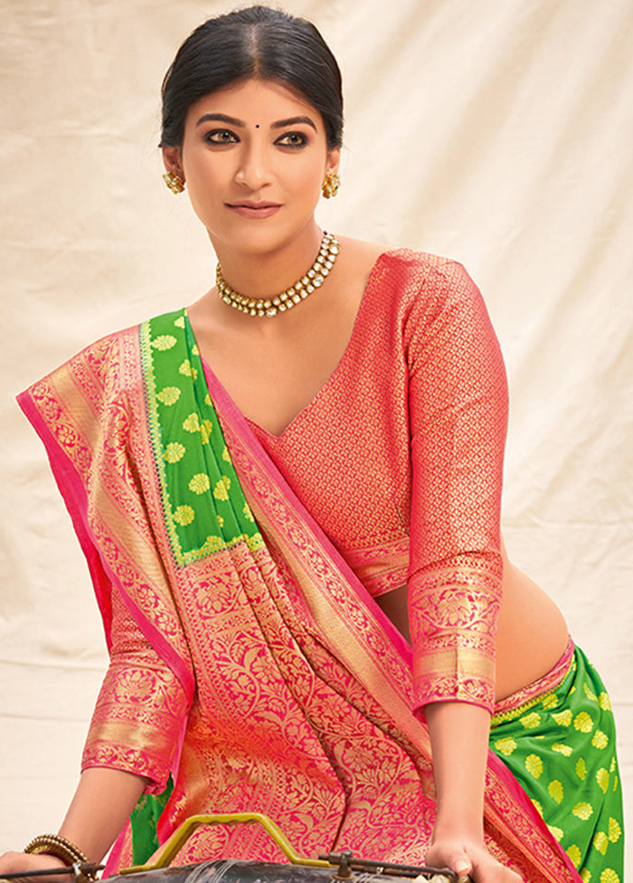 Green Spun Silk Saree With Blouse Piece - Indian Silk House Agencies