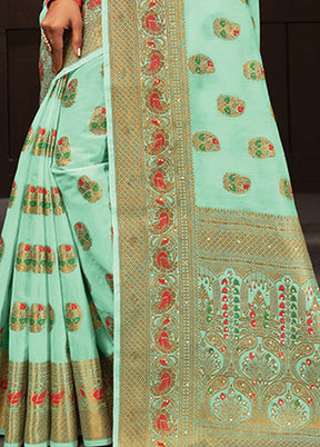 Sea Green Spun Silk Saree With Blouse Piece