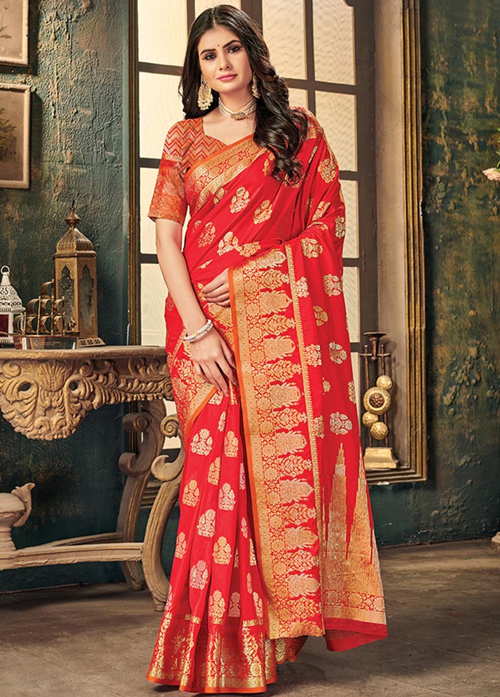 Red Spun Silk Saree With Blouse Piece - Indian Silk House Agencies