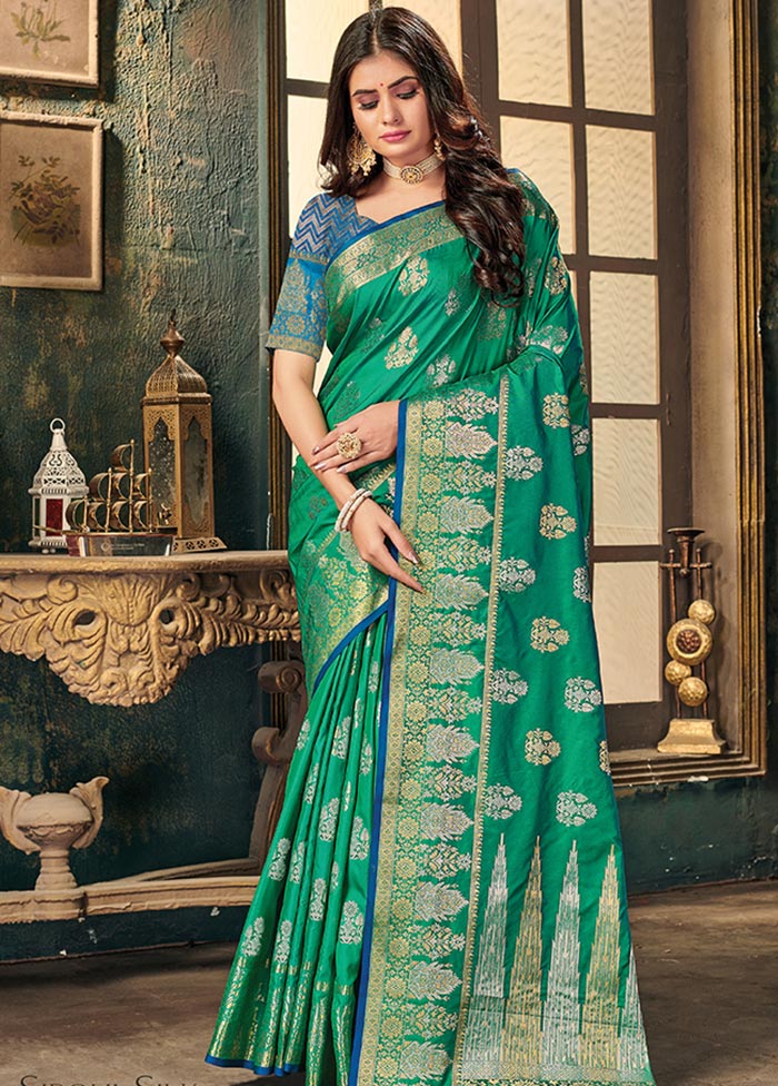 Sea Green Spun Silk Saree With Blouse Piece