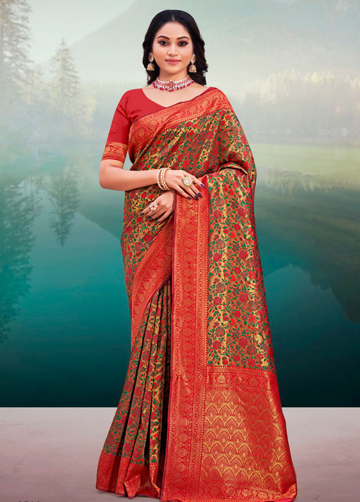 Red Spun Silk Saree With Blouse Piece - Indian Silk House Agencies