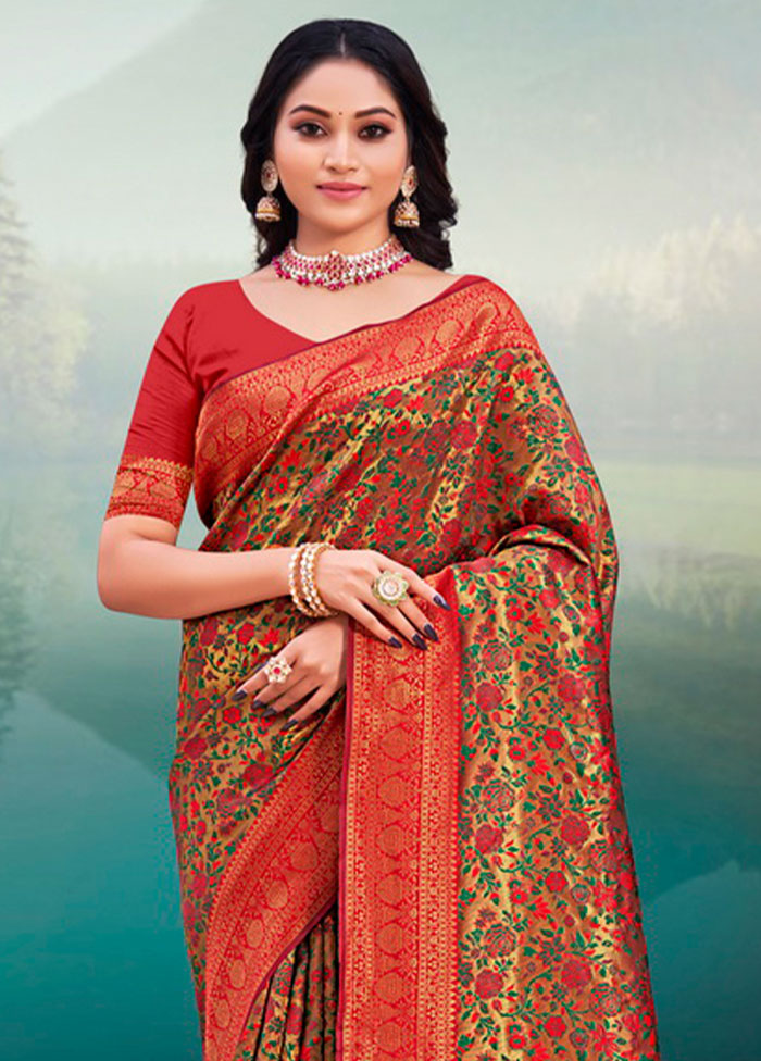 Red Spun Silk Saree With Blouse Piece - Indian Silk House Agencies