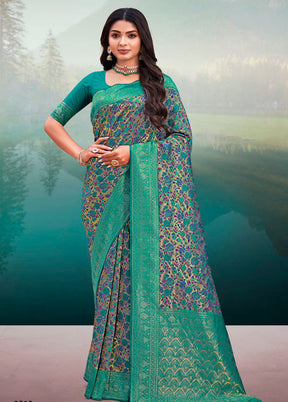 Sea Green Spun Silk Saree With Blouse Piece