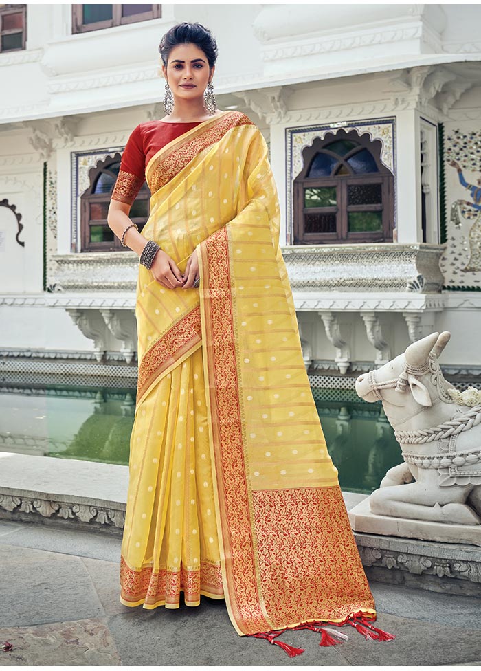 Yellow Spun Silk Saree With Blouse Piece - Indian Silk House Agencies