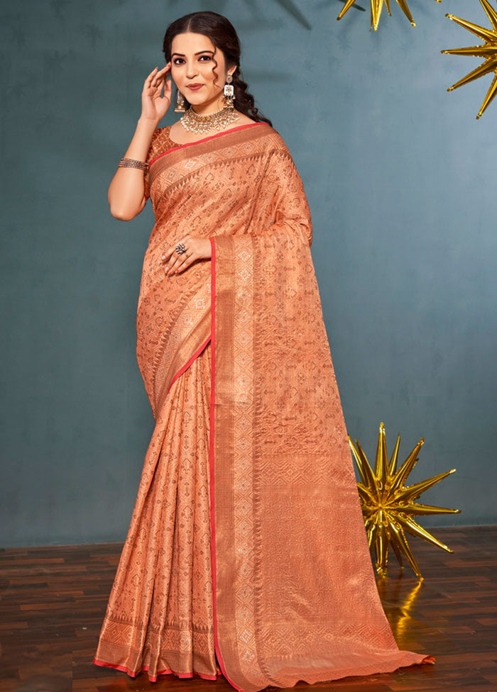 Peach Spun Silk Saree With Blouse Piece - Indian Silk House Agencies