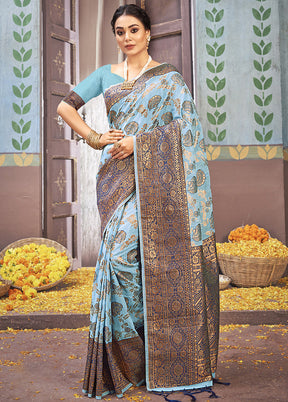 Sky Blue Cotton Saree With Blouse Piece - Indian Silk House Agencies