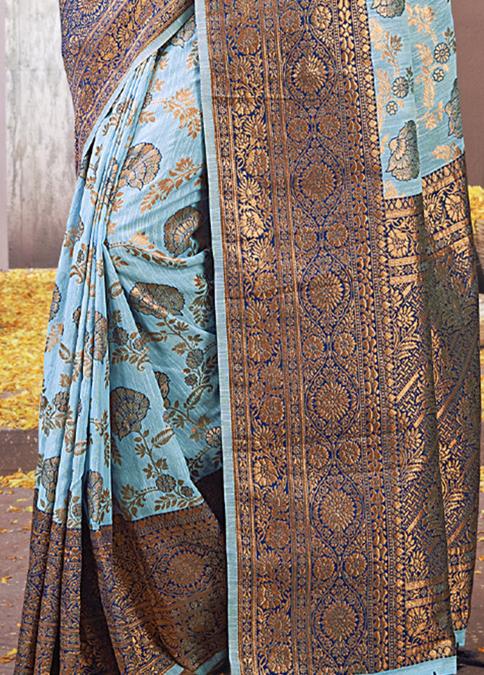 Sky Blue Cotton Saree With Blouse Piece - Indian Silk House Agencies