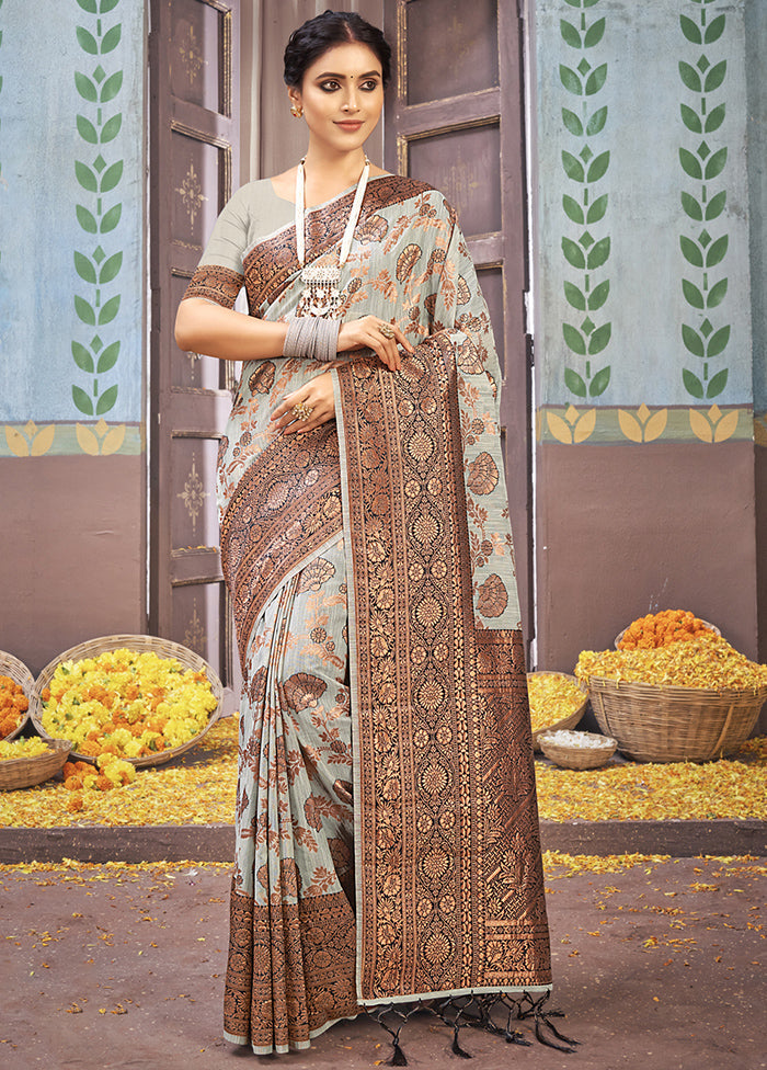 Grey Cotton Saree With Blouse Piece - Indian Silk House Agencies