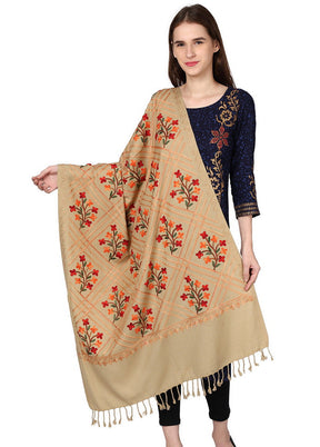 Beige Acro Wool Kashmiri Aari Shawl - Indian Silk House Agencies