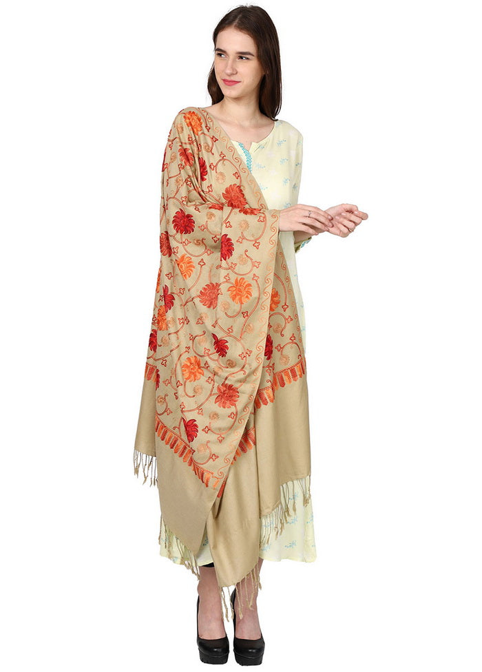 Beige Acro Wool Kashmiri Aari Shawl - Indian Silk House Agencies