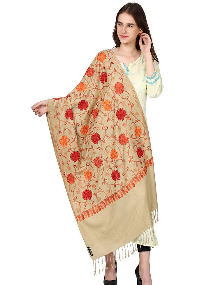 Beige Acro Wool Kashmiri Aari Shawl - Indian Silk House Agencies