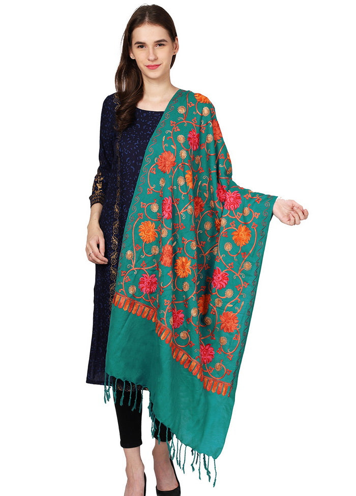 Sea Green Acro Wool Kashmiri Aari Shawl - Indian Silk House Agencies