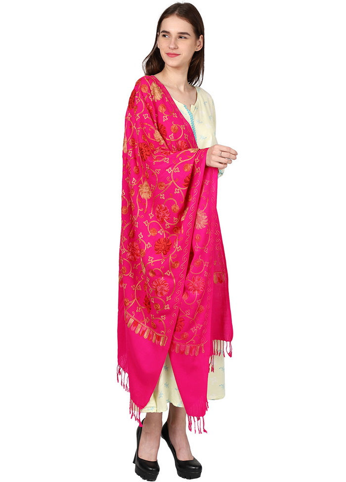 Pink Acro Wool Kashmiri Aari Shawl - Indian Silk House Agencies