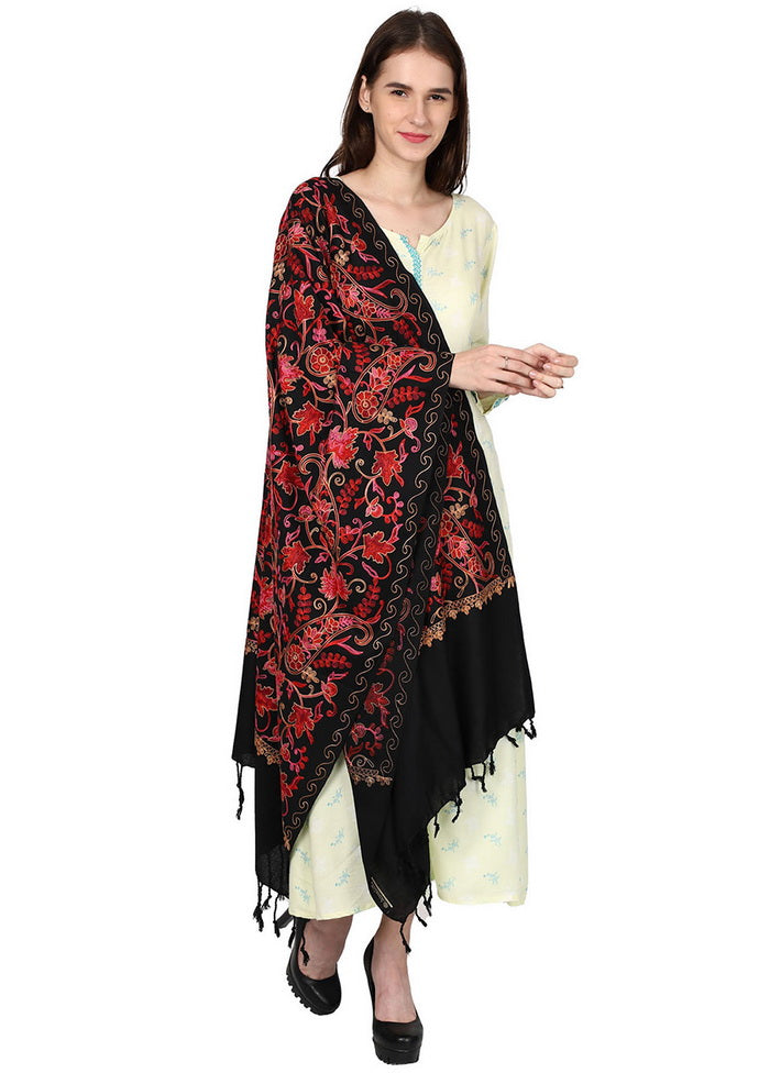 Black Acro Wool Kashmiri Aari Shawl - Indian Silk House Agencies