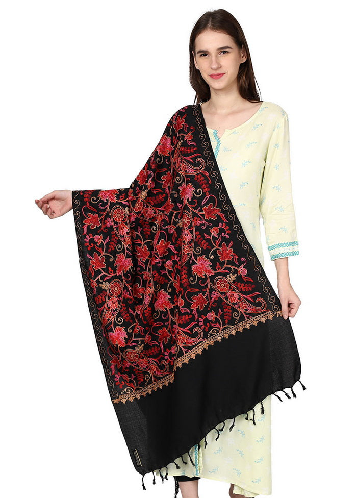 Black Acro Wool Kashmiri Aari Shawl - Indian Silk House Agencies